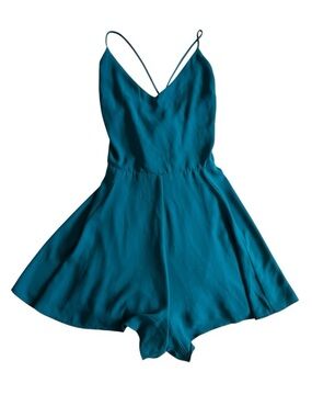 Express Teal V-Neck Spaghetti Strap Romper lace up back